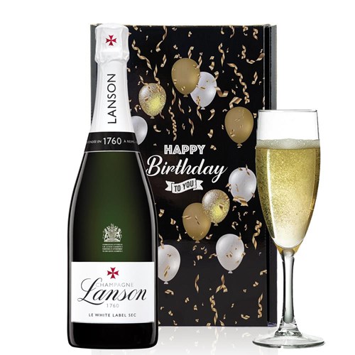 Lanson Le White Label Sec Champagne 75cl And Flute Happy Birthday Gift Box